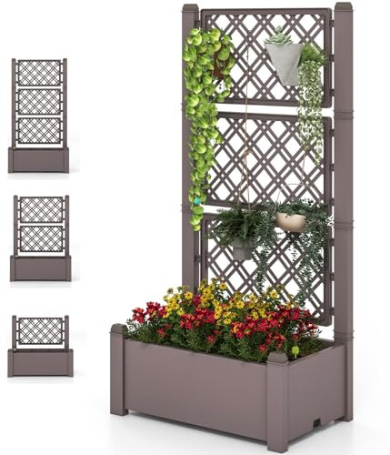 GiantexUK Garden Planter with Adjustable Trellis, Raised Garden Bed with Self-watering System & Water Level Indicator, Elevated Flower Pots Planting Box for Climbing Plants Vegetables Herbs (Coffee)