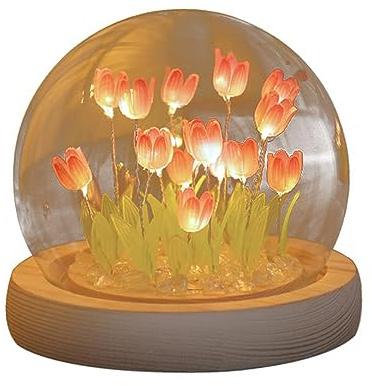 Luce Notturna a Tulipani, Lampada Nuvola con Tulipani, Lampada da Tavolo per Dormire con Decorazione Floreale, Mini Simulazione Fatta a Mano con Base in Legno per Camera da Letto,Soggiorno,Desktop