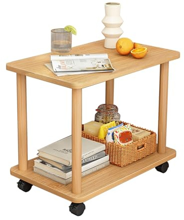 Hesitroad Mesa auxiliar pequeña para espacios pequeños, mesita de noche con 4 ruedas de 360 grados, mesa auxiliar rodante de madera, mesa de sofá con estante abierto de 2 niveles, mini mesa de café