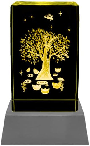 Kaltner Präsente LED Kristallglas Stimmungslicht, 8x5x5 cm Glasquader mit 3D Lasergravur Lebensbaum, LED-Untersetzer mit Farbwechsel, Batteriebetrieben
