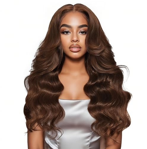 Alionly Chocolate Brown Echthaar Perücke Bresilienne 13x6 Body Wave Glueless Wig Human Hair Lace Frontal Wig Human Hair #4 Color Brésilien 200 Density Echthaar Perücke Damen 20 Zoll (50cm)