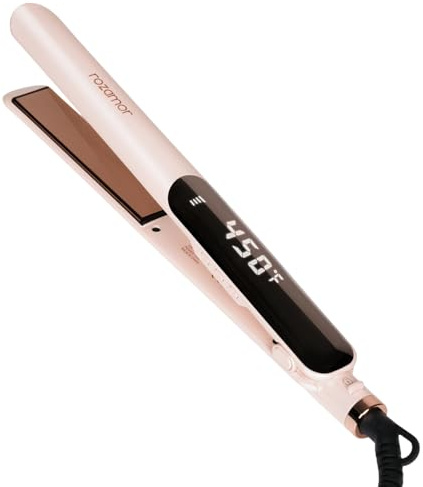 Rozamor Titanium Hair Straightener, 1 Inch Double Side Fast Heating Flat Iron for Straightening & Curling, Dual Voltage Ultra Thin Hot Tools, Real-Time Temperature Hair Iron, Pink