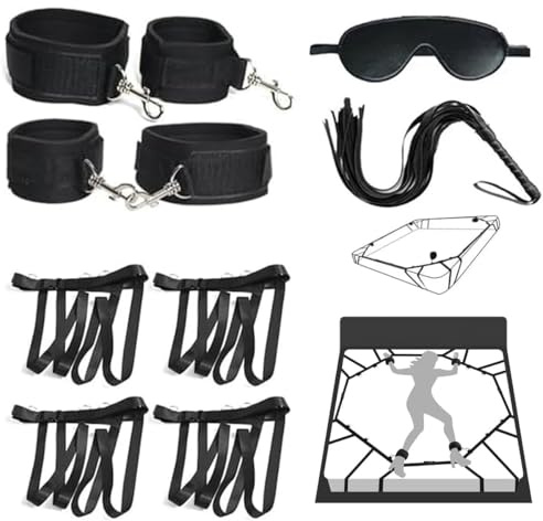 Bondage Set SM Sex Handschellen Bett Fessel Sexspielzeug Mit Flogger Augenmaske Verstellbaren Handgelenk Oberschenkel Manschetten Sex Toys für Paare Anfänger und Fachmann