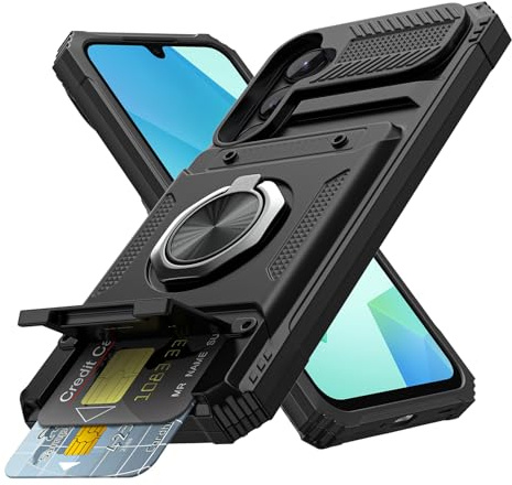 Coolden for Samsung A16/A17 Phone Case with Card Holder [Max 2 Cards] Ring Holder Kickstand Shockproof Military Grade Heavy Duty Protective Wallet Cover for Samsung Galaxy A16 Phone Case-Black