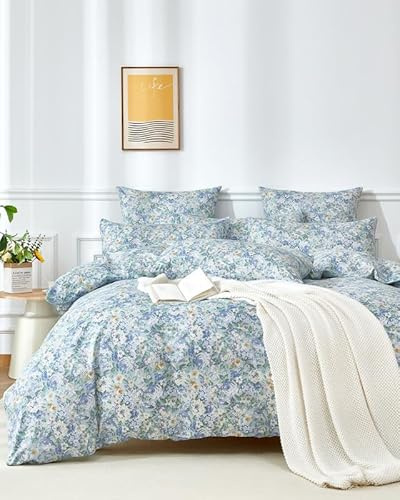 Gezu Bettwäsche Baumwolle 200x200 cm Blau Blätter Blumen Muster Pflanzen Wende Bettwäsche Set Bunt 100% Baumwolle Allergiker Blaues Ölgemälde Weich Bettwäsche mit Reißverschluss und Kissenbezug 80x80
