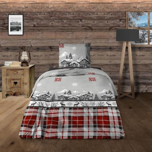 Alpes Blanc - Housse de Couette Chalet + taie(s) 65x65cm - 100% Coton 57 Fils - Grand Teint, Finition Rabat - Dessin Exclusif