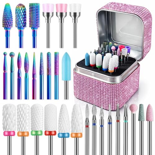 30pcs Nagelfräser Aufsätze Set mit Bit Halter Multfunktional für Acrylnägel | Bling-Staubdichter Aufbewahrungsbox, 3/32'' Hartmetall Diamant Keramik Professionelle Set für Maniküre Pediküre Salon-Zuhause