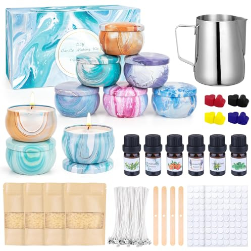 Kerzen Selber Machen Set,234 Pcs DIY Kerzenherstellung Kit,Duftkerze Geschenke Set mit 9 Dosen,500g Sojawachs,1 hitzebeständiger Behälter,6 Duftöle,8 Farbblöcke,1 Rührlöffel,Dochthalter Dochte