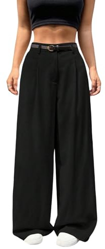 SweatyRocks Anzughose Damen Elegant Stoffhose Mit Gürtel Bundfaltenhose High Waist Freizeithose Wide Leg Hose Business Outfit Old Money Style Schwarz S
