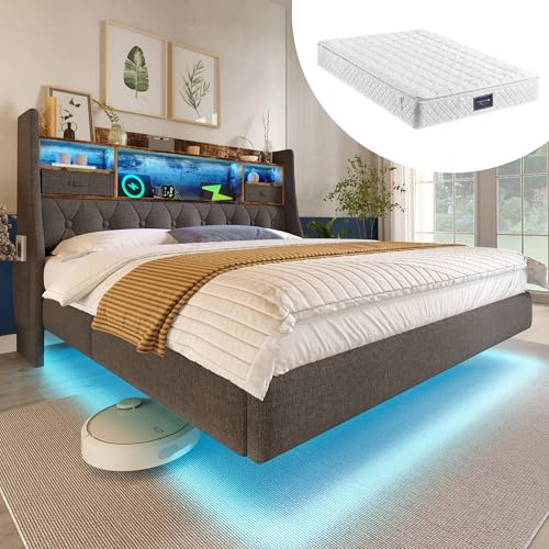 Polsterbett Doppelbett 140x200 cm, Schwebebett Jugendbett mit LED-Beleuchtung, Stauraum-Kopfteil und USB Type-C Ladestation, Funktionsbett Bettgestell mit Holz Lattenrost, Leinen, Mit Matratze, Grau