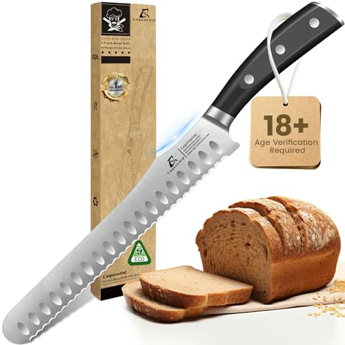 CoquusAid Bread Knife for Homemade Bread, 9 Inch Multifunction Serrated Knife, Razor Sharp Slicer, High Carbon German Steel Bread Cutter, Ergonomic Handle Design for Sourdough Turkey Fruit Cutting