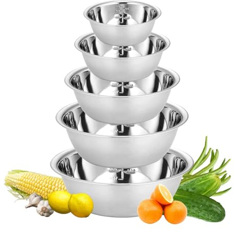 Set di ciotole in acciaio inox, ciotole in acciaio inox, ciotole in metallo, ciotole da portata, impilabili, per cucina, cottura al forno, insalata, 14/16/20/22/24 cm, set da 5 pezzi