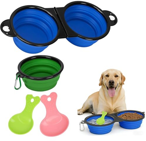 6-Teiliges Faltbarer Hundenapf, Faltbarer Hundenapf Set für Unterwegs - Doppelnapf, 350ml Reisenapf Hund, Fressnapf und Wassernapf mit Löffel & Haken