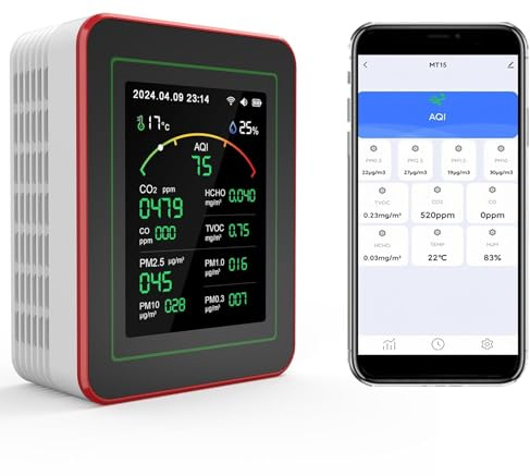 Professional 15-in-1 Air Quality Monitor with Smartphone APP - Dual Chip - Sensors Detect CO2, PM2.5/PM10, HCHO, TVOC | Real-Time Alerts & Custom Thresholds | for Home, Car, Office, Plants, Pets