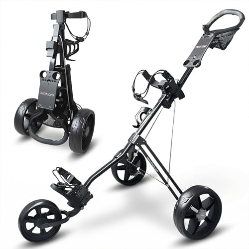 YMDXONE Carrito de golf de 3 ruedas con mango ajustable: diseño plegable, bolsillo de almacenamiento de malla, carrito de empuje ligero con soporte para tarjetas de puntuación/botella. Compacto para