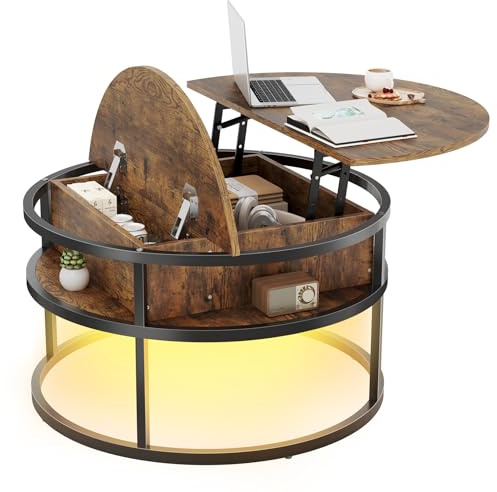 Dripex Couchtisch rund 81cm, Höhenverstellbarer Kaffeetisch mit Liftplatte und Stauraum
