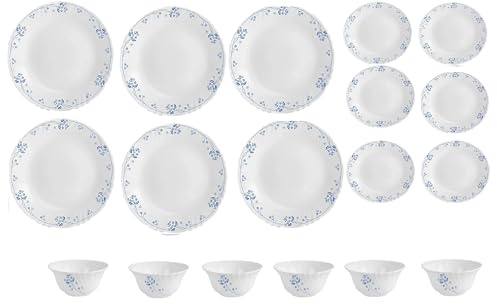 Cello Opalware Dazzle Series Dainty Blue Dinner Set, 18 Pieces, White and Blue, Opal Glass Light-Weight Crockery Set for 6