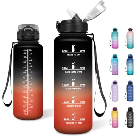 JAPORIA Borraccia Sportiva 1,5L, Borraccia con Cannuccia, Bottiglia Acqua Motivazionale con Scala Temporale, Bottiglia per Campeggio, Viaggio