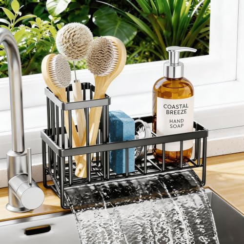 Luckezo Kitchen Sink Caddy, Sink Tidy Organizer with Self-Draining Tray | Kitchen Storage & Organisation, Sink Tidy Caddy with Removable Sponge Holder Brush Holder for Countertop