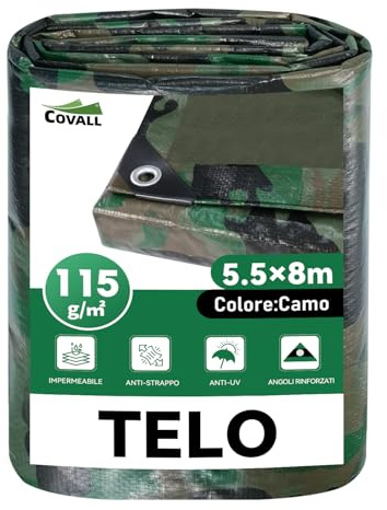 COVALL Lona Impermeable Exterior 5.5x8 m– 115g/m², Camuflaje Verde, con Ojales de Acero, Resistente al Desgarro, Lona Protectora Resistente a Intemperie y a Rayos UV, para Jardín, Piscina y Remolque