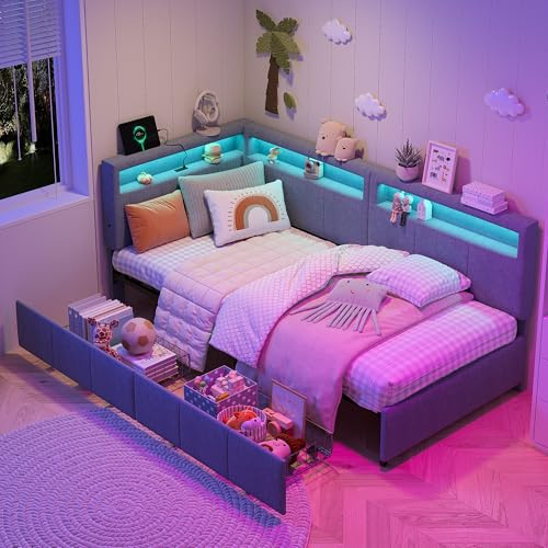 UwvEranthropy Letto angolare imbottito 90x200 cm con illuminazione a LED e USB-C, divano letto a L con 2 cassetti e ripiano contenitore, letto funzionale con base a doghe
