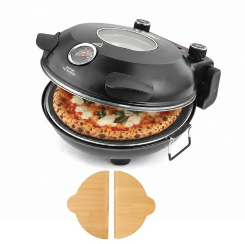 YIBAKE Pizzaofen Elektrisch,Ø 31 cm, glasierter Keramik-Pizzastein,Schwarz | Schwarzer Keramik-Pizzastein mit antihaftender Oberfläche | 1.200 W | Bis 420 °C | Inkl. Pizzaschieber