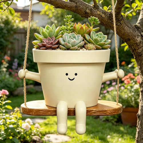 SGZIOO Hängende Blumentöpfe mit Schaukel Gesicht, Lustiger Blumentopf Gesicht, Blumentopf zum Bemalen, Sukkulenten Topf für Drinnen und Draußen, Niedlicher Pflanzen Übertopf, Geschenkideen (Swing)