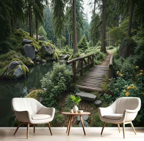 Fotomural Bosque Denso Musgo 300x210cm papel pintado TNT, fotomural panorámico Puente De Madera Selva Natural, Mural de Pared, Decoración de Pared para Salón y Habitación