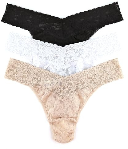 hanky panky - Signature Lace Original Rise Thongs for Women (3 pack) | One Size (4-14) | Black/White/Chai | No VPL, Soft Nylon Stretchy Lace, Comfortable Lingerie, Underwear for women