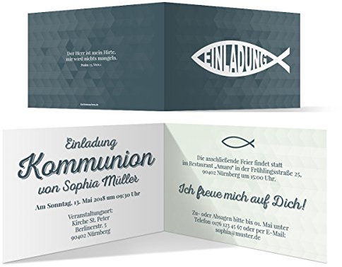 Personalisierte Kommunion Einladungskarten Moderner Jesus Fisch ab 10-100 Stück selbst gestalten, Konfirmationseinladungen Klappkarten, Briefumschläge optional, DIN A6