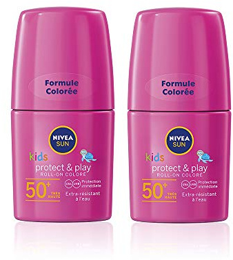 NIVEA SUN Kids Schutz & Pflege farbiger Sonnen-Roller im 2er Pack (2 x 50 ml), praktische Sonnencreme mit LSF 50+, Sonnenlotion mit Färbung zum lückenlosen Auftragen