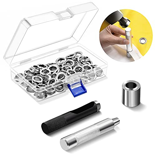 Anley 1/2 Ösen-Werkzeug-Set – 100 Sätze rostbeständige Ösen-Nachfüllpackungen, Handlochschneider und Stanzwerkzeug – selbststechende Ösen für Stoff, Leder, Planen, Vorhänge und Gürtel (Silber)