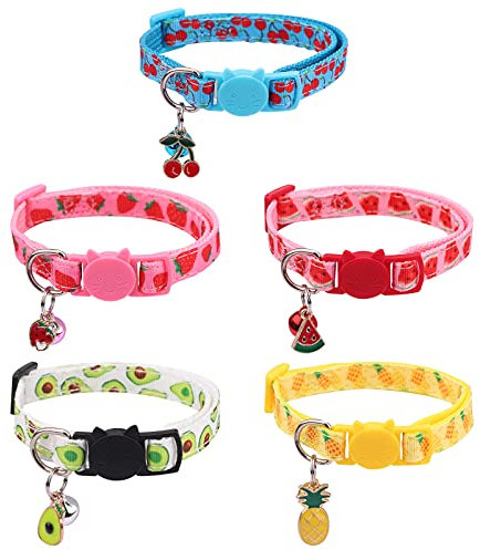 5 Stück Katzenhalsband mit Glöckchen verstellbare Katzenhalsbänder 18-30cm Halsband Katze sicherheitsverschluss Schnellverschluss Haustierhalsband Sommerfruchtart für Kätzchen Welpen kleine Hunde