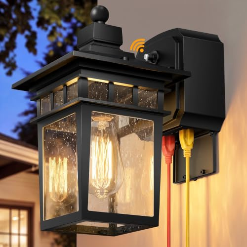 APOTO Porch Lights with GFCI Outlet, Dusk to Dawn Outdoor Wall Sconce Black
