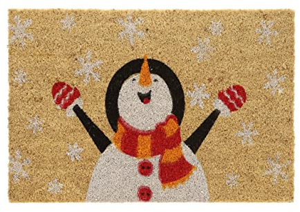Relaxdays Fußmatte Kokos, Schneemann-Motiv, 40 x 60 cm, Türvorleger innen & außen, Fußabtreter Weihnachten, Mehrfarbig