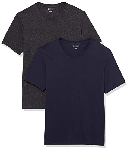 Amazon Essentials mäns Slim-Fit kortärmad V-ringad t-shirt, paket med 2, marinblå/kol ljung, X-Small