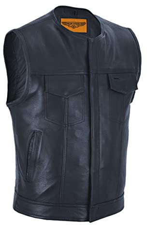 Club Vest SOA - Chaleco de motocicleta de piel auténtica para hombre con múltiples bolsillos, corte de motociclista negro para montar, Negro, 44