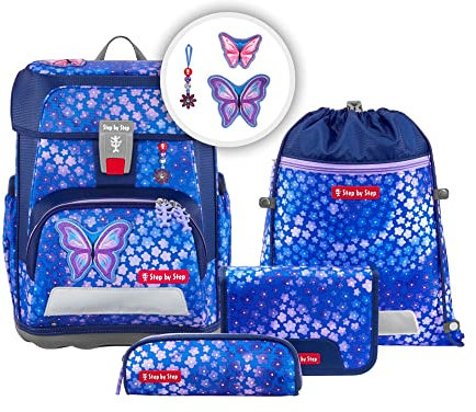 Step by Step Schulranzen-Set Cloud „Butterfly Maja“ 5-teilig, ergonomischer Tornister, höhenverstellbar mit Hüftgurt, für die Grundschule, ab der 1. Klasse, 19L, blau-rosa, Schmetterlings-Design