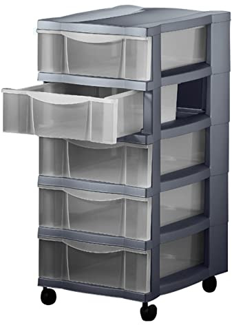 Schubladenschrank mit 5 Schubladen und Rollen Rollwagen Rollcontainer Bürocontainer rollbar Kommode Organizer aus recyclebarem Kunststoff Aufbewahrungssystem für Küche Bad Wohnzimmer Büro