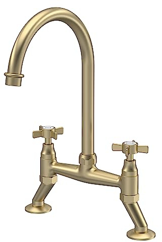nuie KB806 Kitchen Taps Traditional Bridge Mixer Kitchen Tap with Crosshead Handles, 237mm, Brushed Brass
