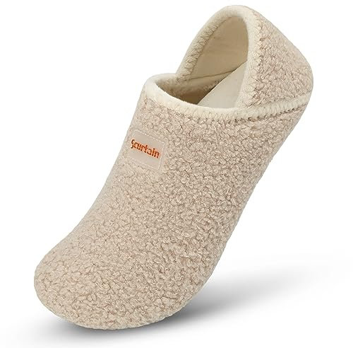 Scurtain House Slippers for Women Men Indoor Barefoot Slippers Socks Comfy Slip on House Shoes Cozy Furry Lightweight Non-Slip for Bedroom Travel Yoga Beige 7.5-8 W