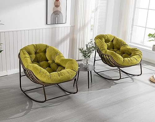 Outdoor Rocking Chair Set of 2, Patio Oversized Rattan Egg Rocking Chair, Indoor Outside Padded Cushion Rocker Recliner Chair, Modern Lounge Chair for Porch, Garden, Backyard, Balcony, Olive Green