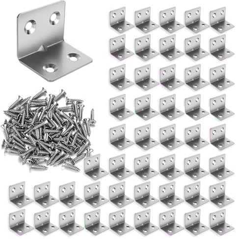 50 Pcs Heavy Duty Angle Brackets, Corner Bracket for Wood with 200 Screws L Metal Brackets Brace 90 Degree for Furniture Shelf Fixing