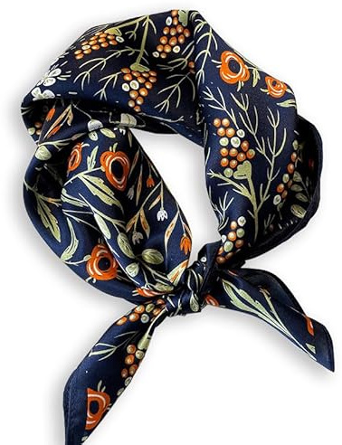 Weximil 100% Mulberry Silk Neck Scarf - 20.8'' x 20.8'' Lightweight Neckerchief - Women Men Small Square Digital Printed Scarves Gift Packed Navy flower & Insects