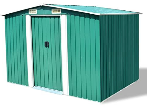Hovothy Gerätehaus 257x205x178 cm Gartenschrank Wetterfest Geräteschuppen Stahl Gartenhaus Metall Fahrradunterstand Kaminholzregal Blechhütte Grün