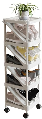 Schuhregal Schmal und Hoch, Weiß, für 9 Paar Schuhe, 28 × 32 × 103 cm | Stapelbar Klein Schuhständer aus Kunststoff, 4 Rollen, 2 Haken, Vertikal Schuhablage für Flur, Ecke und kleine Räume