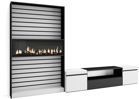 Skraut Home | Muebles de Salón para TV | Conjunto de Muebles Comedor | 210x186x35cm | para TV hasta 80 | Chimenea eléctrica | Estilo Moderno | Blanco y Negro