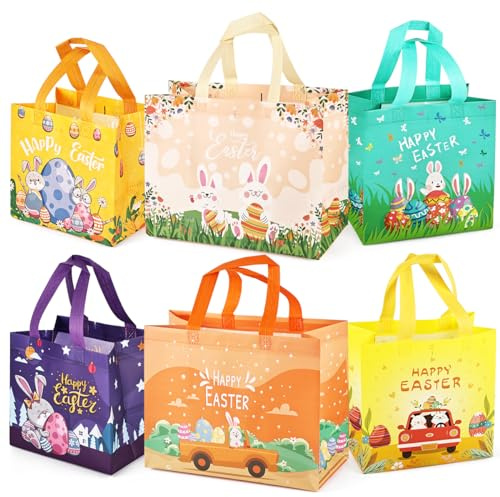 6 x Ostereiersuche-Taschen mit Griffen, Verschiedene Größen, Häschen Karotten Küken Ei Taschen, Oster Leckerei Taschen, Non-Woven Ostertaschen zum Verpacken von Geschenken, Eiersuche, Partyzubehör