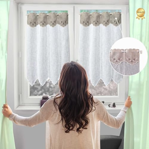 FacilCasa 2 Tende per Interni a Vetro Finestra + 2 Mantovane Ricamate - Coppia Tendine Finestra a Vetro per Cucina, Bagno e Soggiorno - Made in Italy H45 x L60 cm