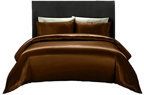 Soft Silk 1 Piece Satin Duvet Cover Super King 120x120 Size Zipper Closure Soft Comforter Protector Brown